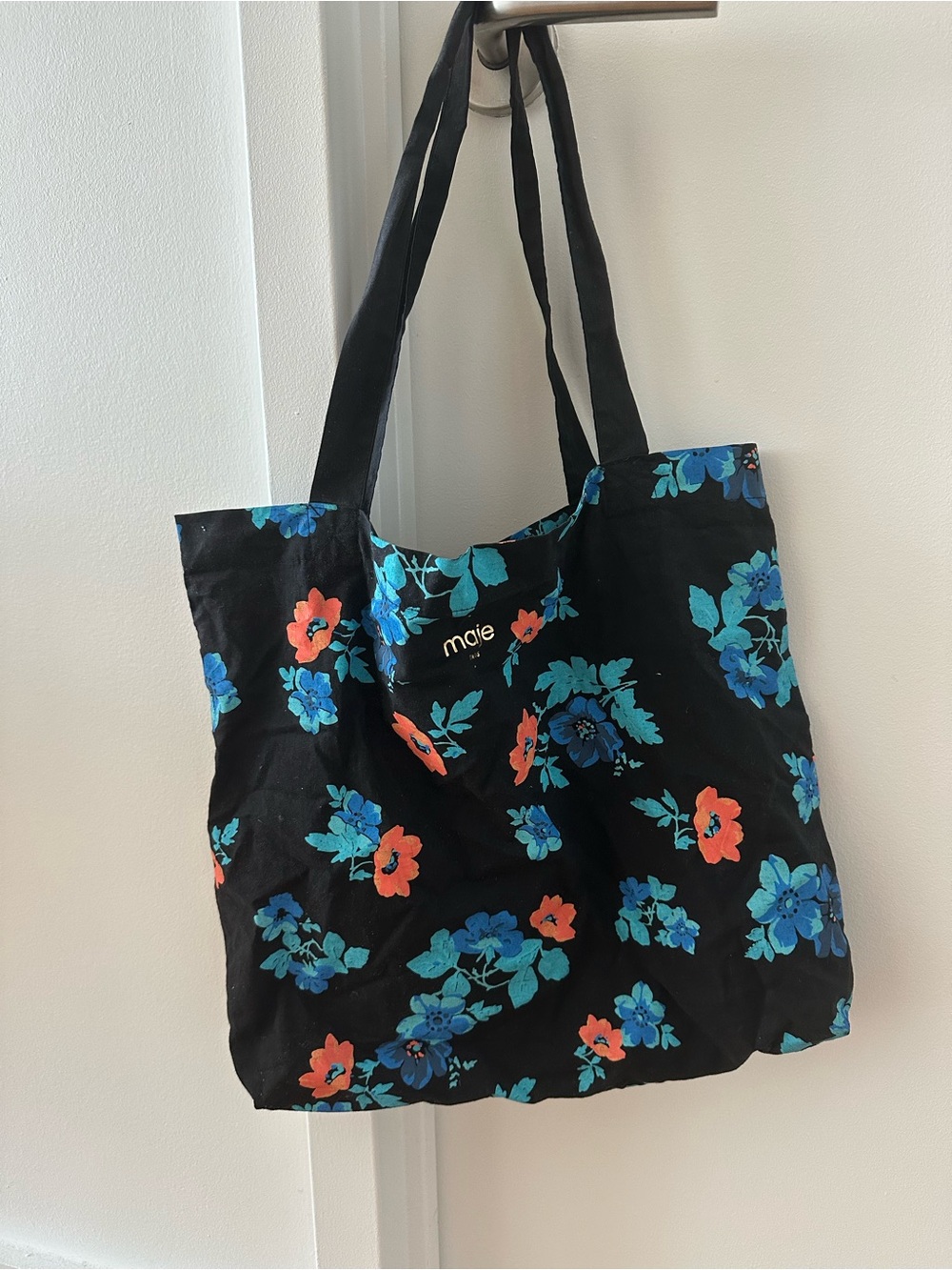 Maje Black Floral Tote Bag with Blue & Coral Flowers